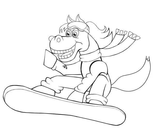 Coloring  Horse is snowboarding.  Cartoon style. Isolated image on white background. — 스톡 벡터