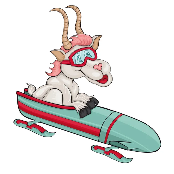 Goat with bobsleigh . Cartoon style. — Stock Vector