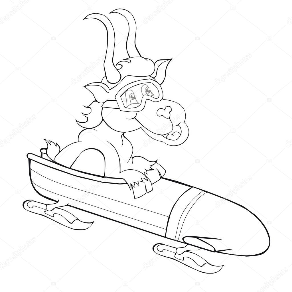 Coloring book goat with bobsleigh . Cartoon style.