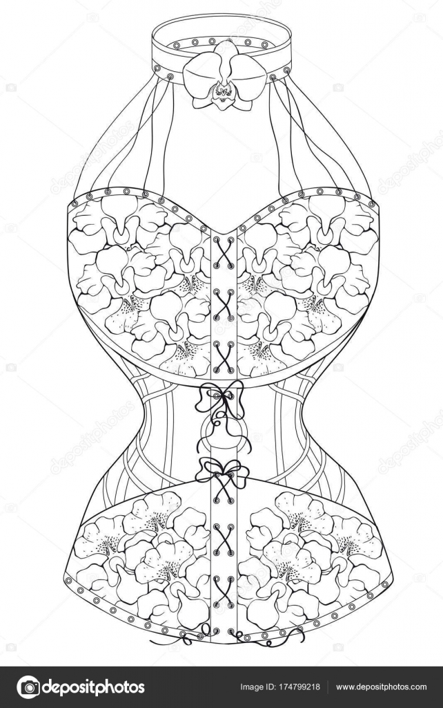 Coloring page for adults Corset with orchids Art Therapy Line art illustration — Vector by lape