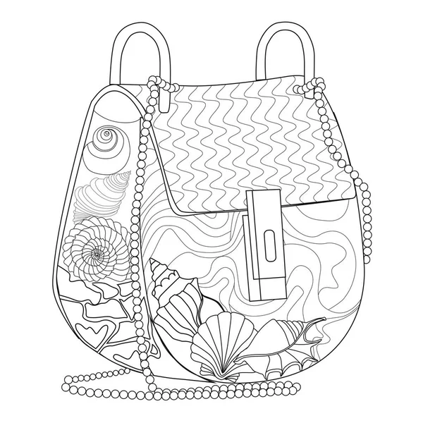 Coloriage pour adultes. Sac avec coquillages . — Image vectorielle