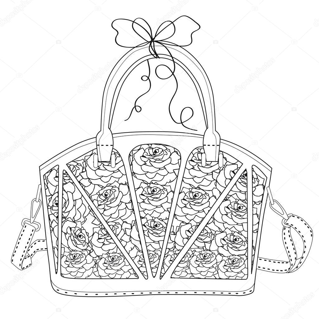 Coloring  page for adults. Bag with roses. 