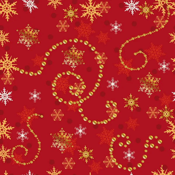 Natal padrão sem costura vermelho com flocos de neve dourados . — Vetor de Stock