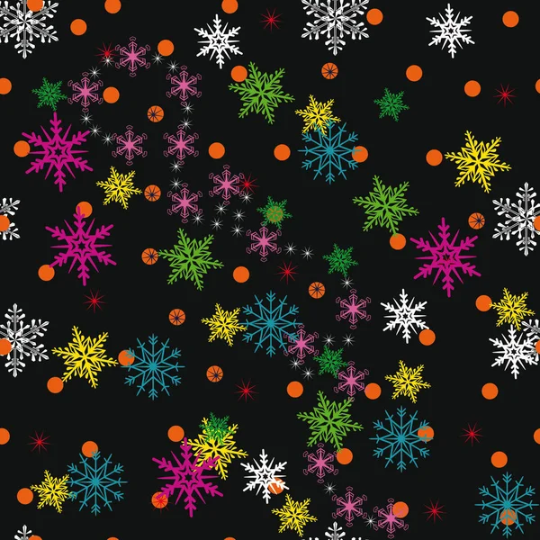 Boże Narodzenie czarny wzór z kolorowe płatki śniegu. — Wektor stockowy
