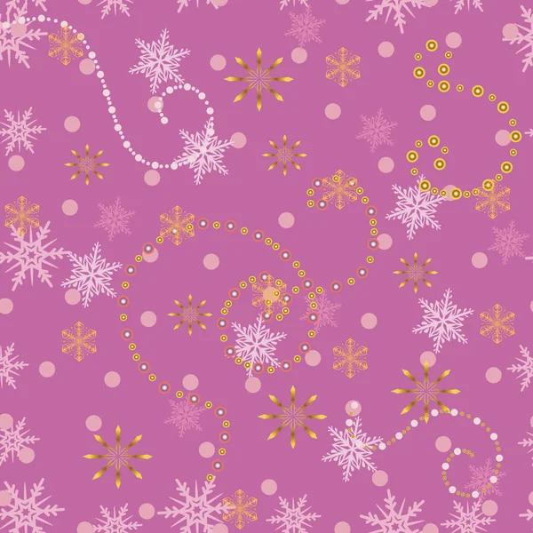 Christmas pink  seamless pattern with golden snowflakes. — Stock Vector