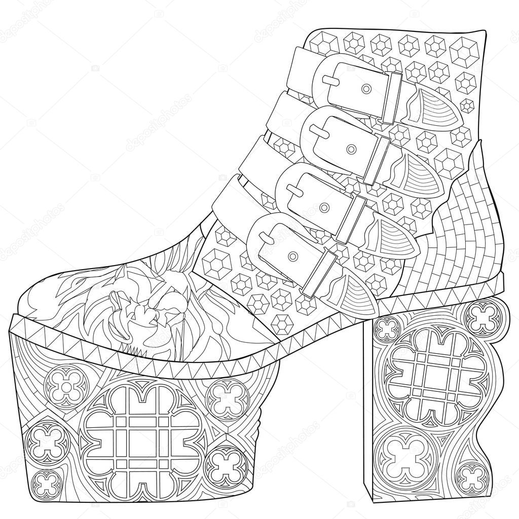 Coloring  page for adults. Gothic boot. Art Therapy.