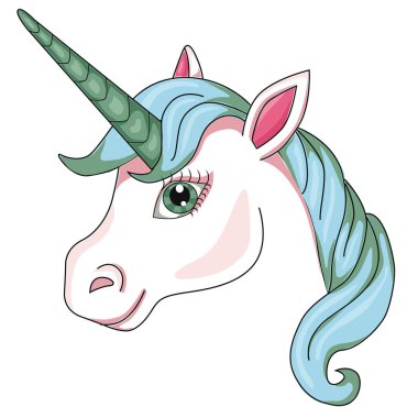 Unicorn'in kafa. Karikatür tarzı. Beyaz arka plan üzerinde izole görüntü. 