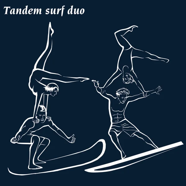 Sylwetka Surferów Acrobatic Surfing Duet Akrobatyczny Surf Tandem Surf Duo — Wektor stockowy