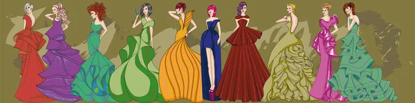 Ayarlayın. Moda. Kızlar uzun elbiseler. — Stok Vektör
