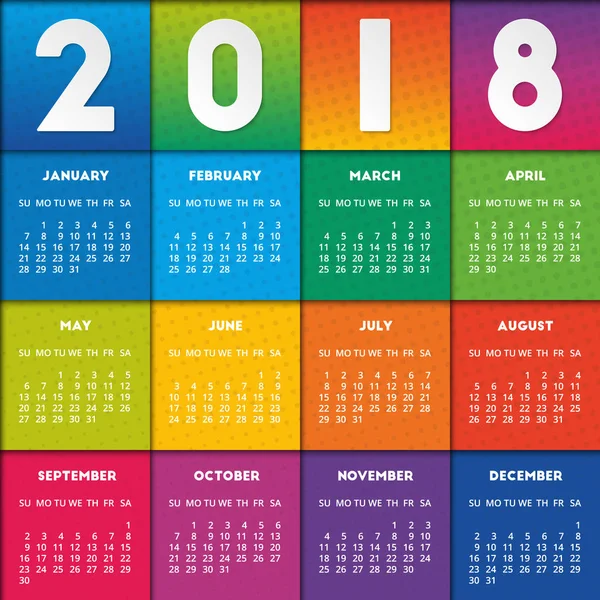 Calendário colorido 2018 design — Vetor de Stock