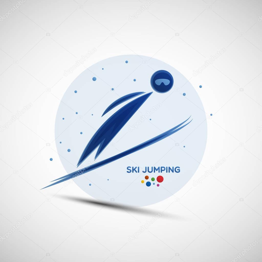 Ski Jumping championship banner. Winter sports icon. Abstract sportsman silhouette. Vector illustration of flying ski jumper for your design