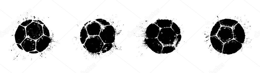 Grunge soccer ball abstract silhouettes set. Vector illustration of real soccer ball prints with splashes for your football poster, flyer or banner design