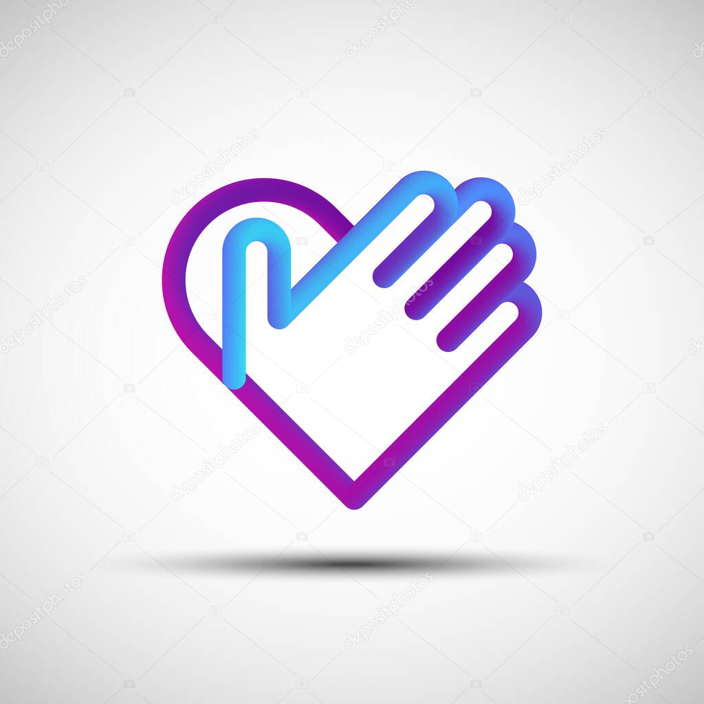 Hand over heart blended line icon. Vector illustration of liquid 3d abstract heart with hand icon, logo, sign or emblem over white background