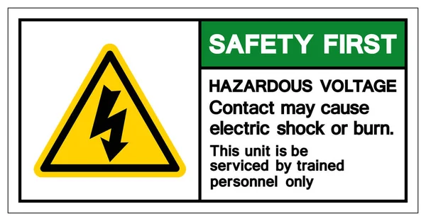 安全第一危险电压接触可能导致电休克或燃烧符号符号、矢量图解、白色背景标签隔离。 — 图库矢量图片