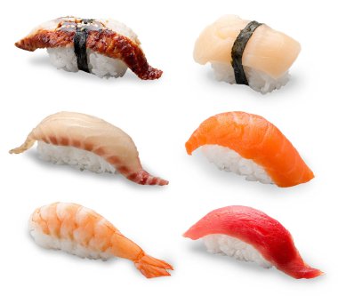 Beyaz bir arka plan üzerinde nigiri suşi ayarla