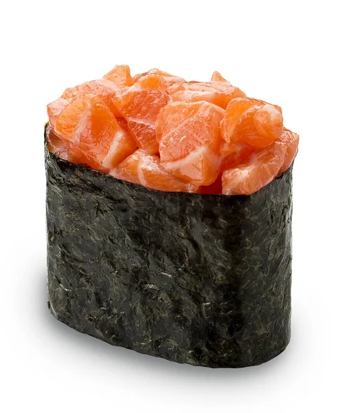 Sushi Gunkan con salmone su sfondo bianco. Isolato — Foto Stock