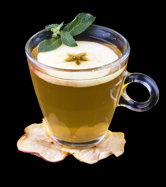 Hot Tea Sea Buckthorn Apple Glass Cup Dark Background — Stock Photo, Image
