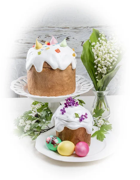 Various Spring Easter Cakes White Icing Sugar Decor Table Decorated — Stock Photo, Image