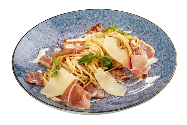 Pâtes Carbonara Bacon Jambon Plat Traditionnel Italien Sur Fond Blanc — Photo