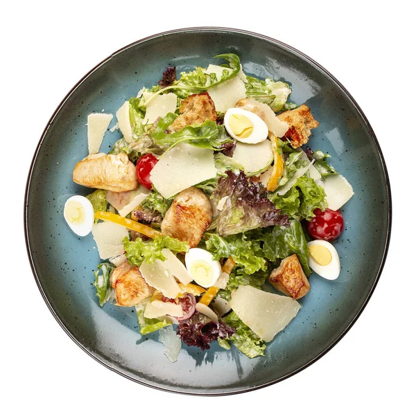 Caesar Salad Delicious Salad Croutons Fried Chicken Breast Grated Parmesan — Stock Photo, Image