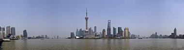 Ultra wide view of the financial area of shanghai seen from the other side of the river where you can see all the width of the city.