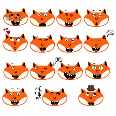 eğlenceli kümesi duygular tilki beyaz arka plan üzerinde izole suratlar.