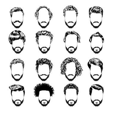 Set of mens hairstyles, beards and mustache. Hand-drawn sketch. Vector Illustration. clipart