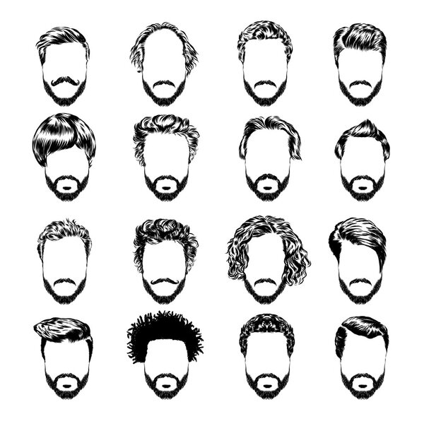 Set of mens hairstyles, beards and mustache. Hand-drawn sketch. Vector Illustration.
