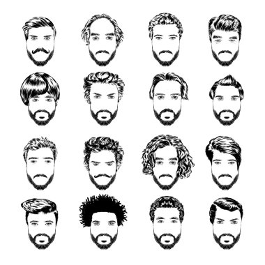 Set of men s hairstyles, beards and mustache. Hand-drawn sketch. Vector Illustration. clipart