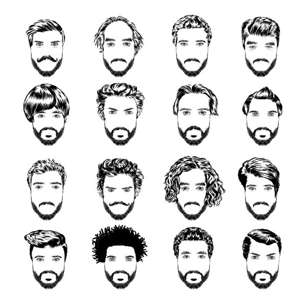 Set of men s hairstyles, beards and mustache. Hand-drawn sketch. Vector Illustration.