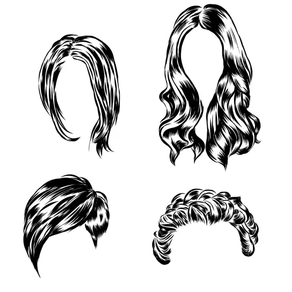 Conjunto dibujado a mano de diferentes estilos de pelo de las mujeres . — Vector de stock