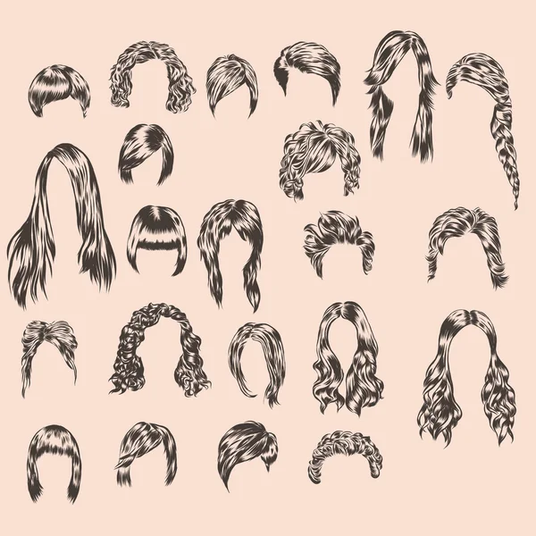 Conjunto desenhado à mão de diferentes estilos de cabelo das mulheres . — Vetor de Stock