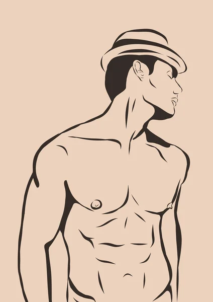 Homme musclé en maillot de bain et chapeau Illustration vectorielle, isolé sur fond blanc . — Image vectorielle