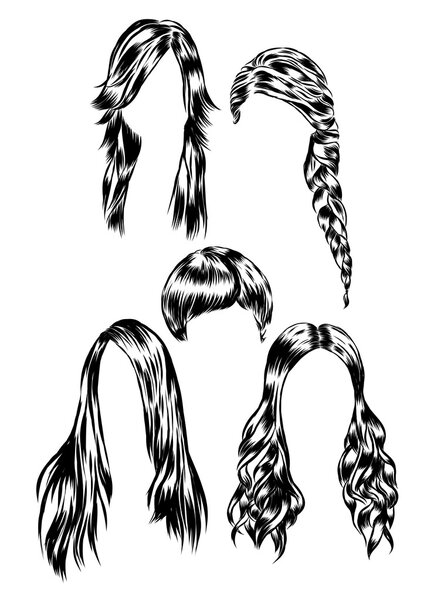 Hand drawn set of different women s hair styles.