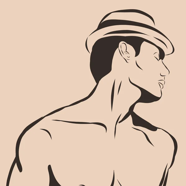 Homme musclé en maillot de bain et chapeau Illustration vectorielle, isolé sur fond blanc . — Image vectorielle