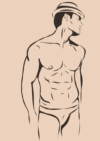 Muskulöser Mann in Badehose und Hutvektordarstellung, isoliert auf weißem Hintergrund. — Stockvektor