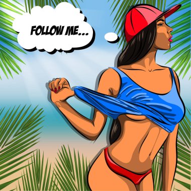 Vektör el genç kız ile güzel bir rakam tişörtle kumsalda çekilmiş. EPS 10