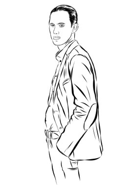 Vintage elle çizilmiş bir beyefendi. Erkekler s giyim. Retro illüstrasyon tarzı. Vektör Eps