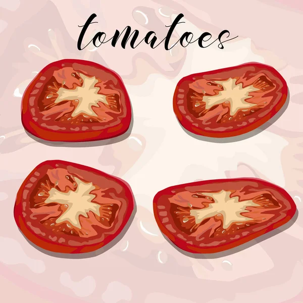Zeichnung isoliert auf dem farbenfrohen Hintergrund einer roten Tomatenscheibe. Produktion, Verarbeitung, Verkauf, Saft, Würze. — Stockvektor