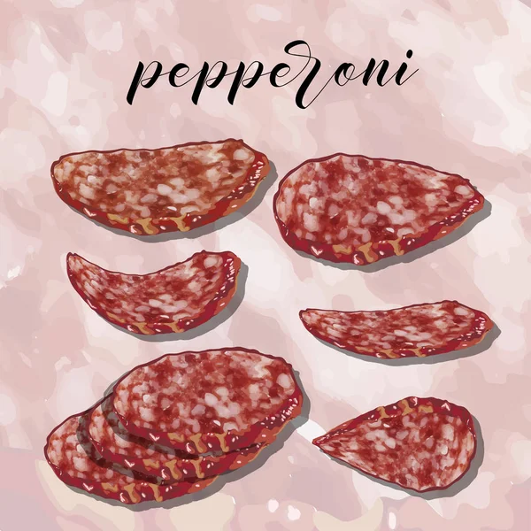 Pepperoni com partes em um fundo colorido. Vetor — Vetor de Stock