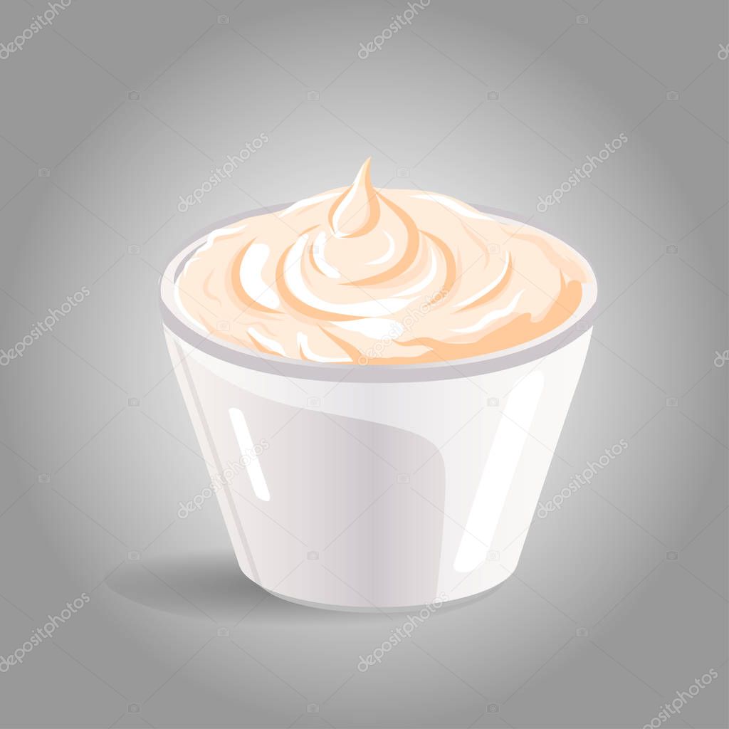 Vector abstract logo ceramic dip bowl, filled mayonnaise. EPS