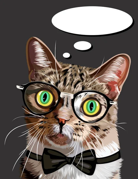 Retrato dibujado a mano de Gato con gafas y pajarita. Vector — Vector de stock