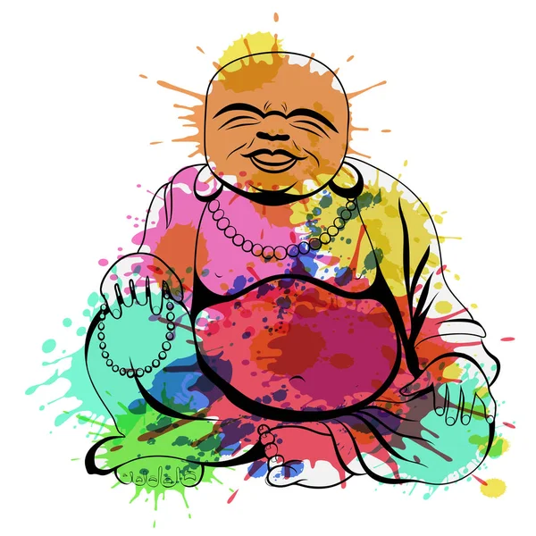 Buda sonriente o Hotei sentado. Ilustración vectorial . — Vector de stock