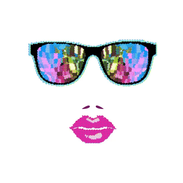 Halftone Glasses dengan bibir perempuan Latar Belakang. Ilustrasi vektor, eps - Stok Vektor