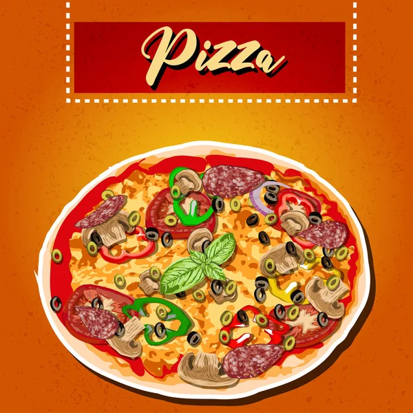 Illustrazione vettoriale disegnata a mano di una pizza Pepperoni . — Vettoriale Stock