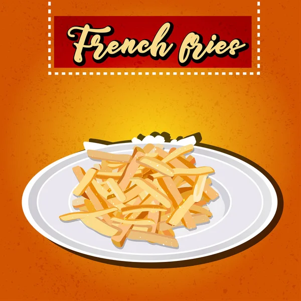 Heap of French fries on a white plate. vector — Stock Vector