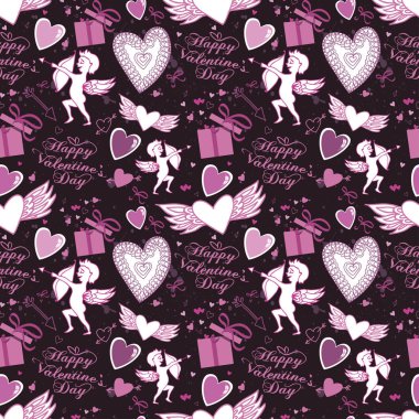 Sevgililer günü kalpleri ve aşk tanrısı ile seamless modeli. Mükemmel duvar kağıdı, tekstil, tebrik kartları ve düğün davetiyeleri