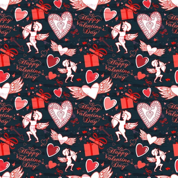 Valentine seamless pattern with hearts and Cupid. Perfect for wallpaper, textile, greeting cards and wedding invitations — Stock Vector