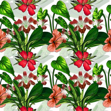 Arka plan - Vintage Seamless modeli üzerinde tropik çiçekler.