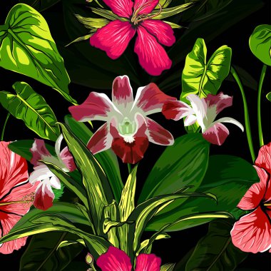 Vektör arka plan - Vintage Seamless Modeli - tropik çiçekler